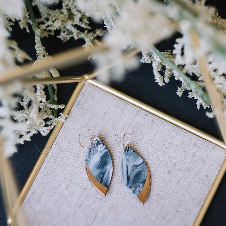 Remnant Studios - Wholesale Dangle Earrings - granite - black and blue marbled leaf earrings4