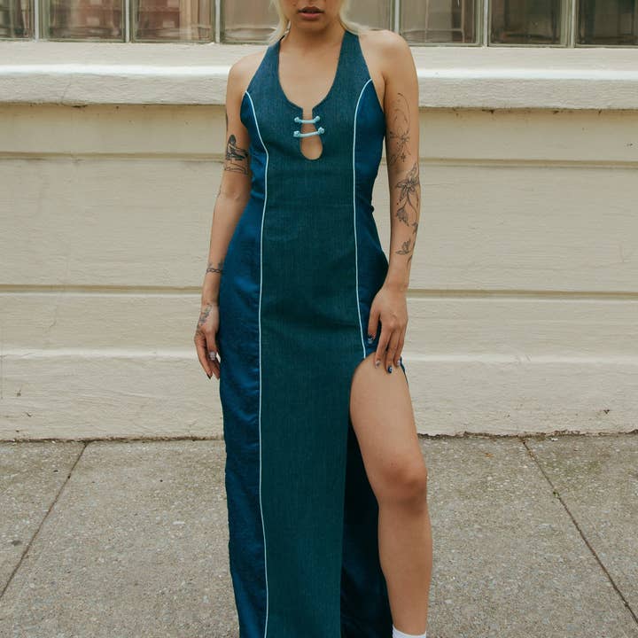 Ru Patch Denim Brocade Maxi Dress Forest Blue for wholesale by DAWANG