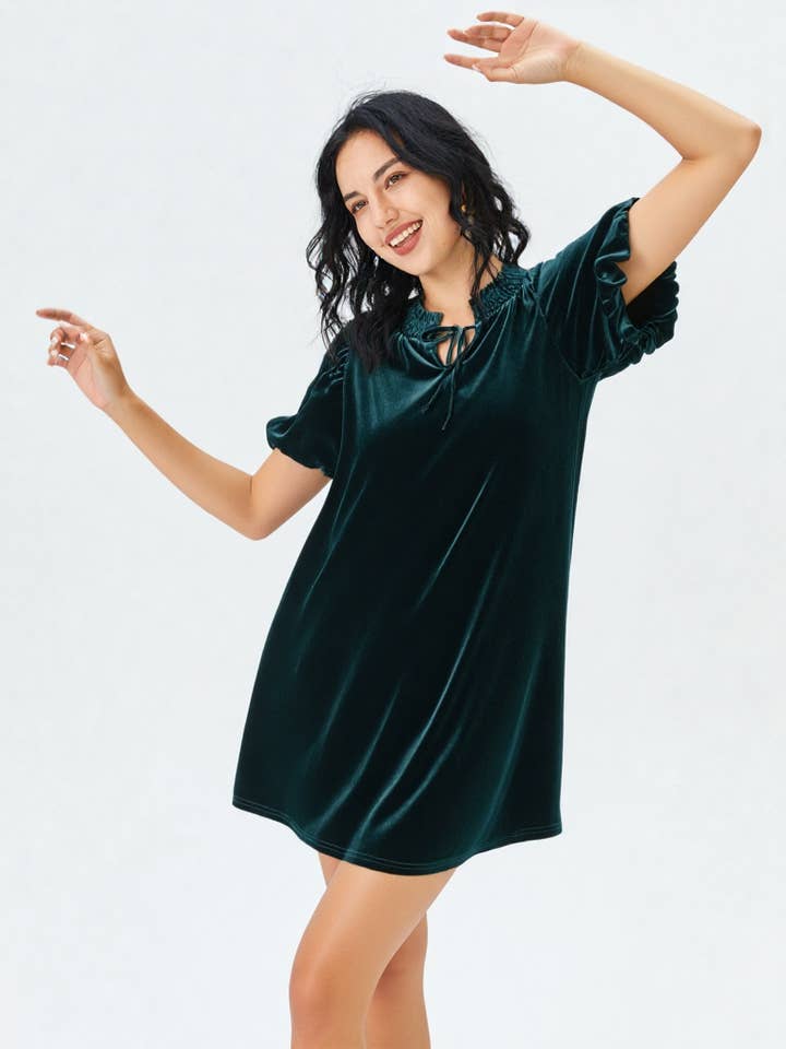 VERY J - Wholesale Dress - Women's - ND31024-Puff Sleeve Velvet Holiday Mini Dress12