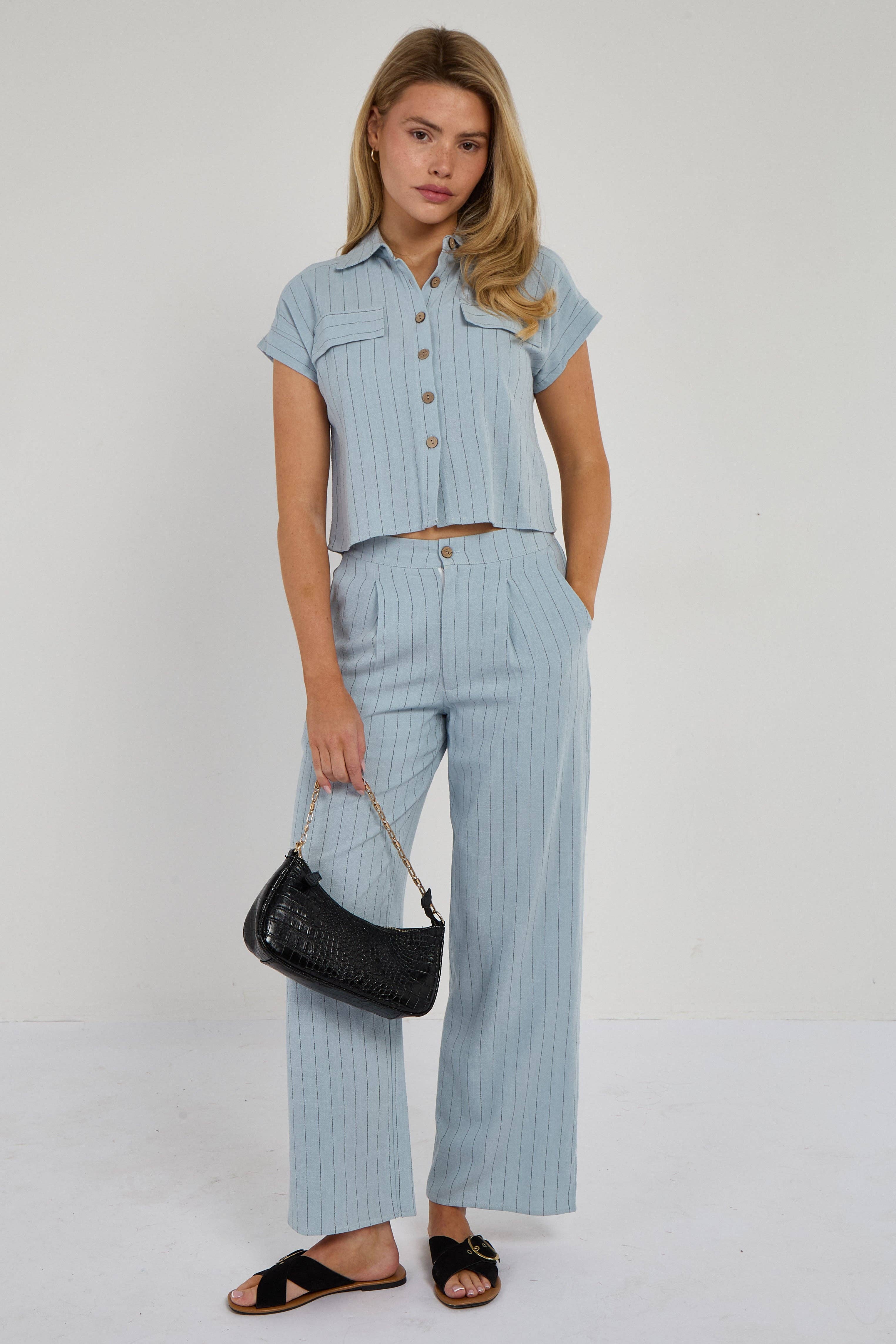 Baby Blue Pinstripe Linen Shirt and Trousers set for wholesale on Faire1