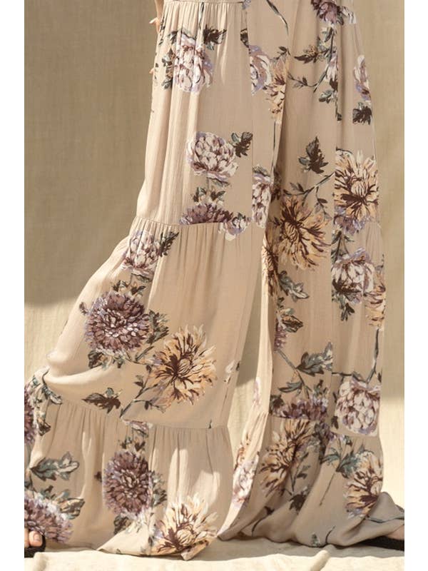 Taupe Floral Print Wide Leg Jumpsuit for wholesale on Faire4