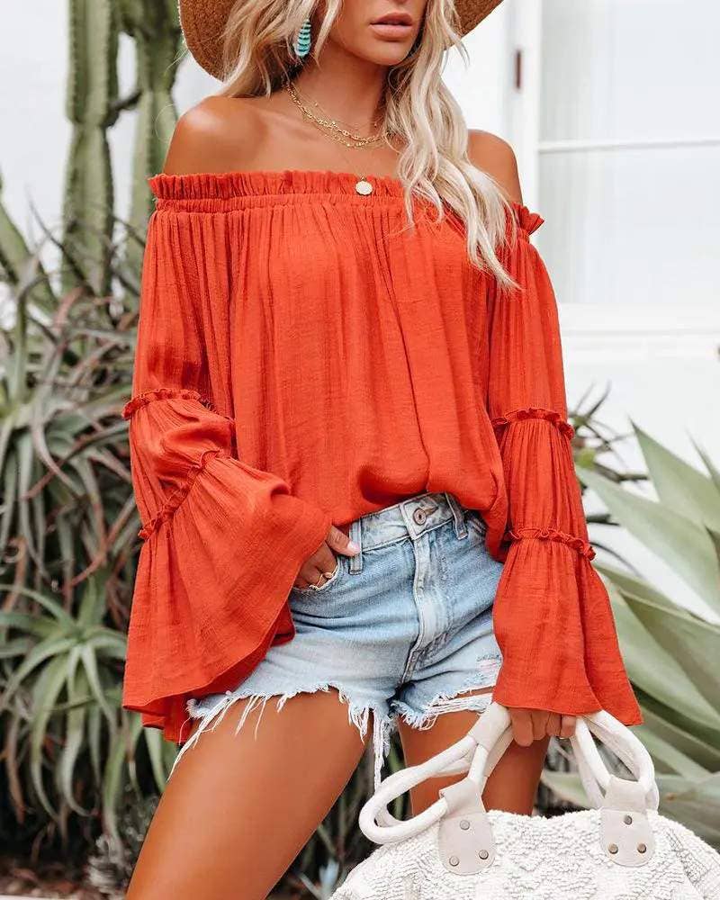 Fashion Combination - Wholesale Blouse - Women's - frill hem off shoulder bell sleeve top21