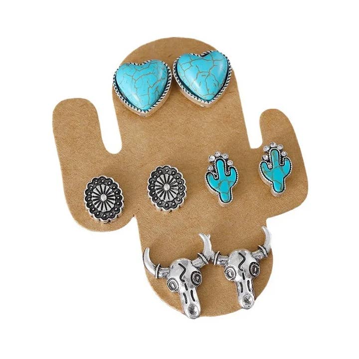 Sweet Cherry Sky - Wholesale Jewelry Set - Set of 4 Turquoise Stud Earrings Western Theme