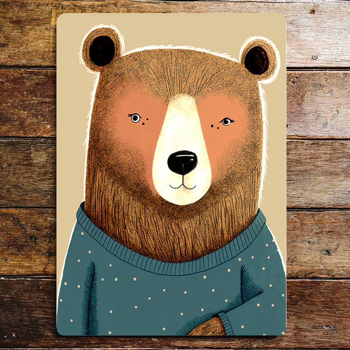 Söt björn porträtt blå fläck jumper metall skylt plack för wholesale av The British Metal Signs Company