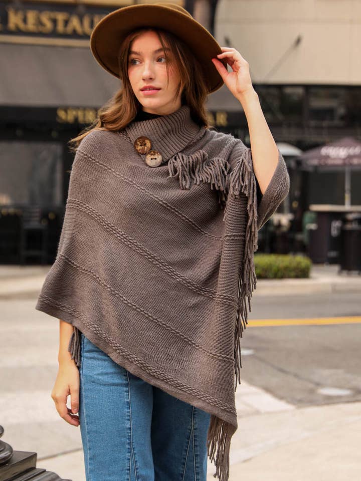 Leto Accessories - Wholesale Poncho - Women's - Button Neck Fringe Poncho - Fall & Winter Essential3