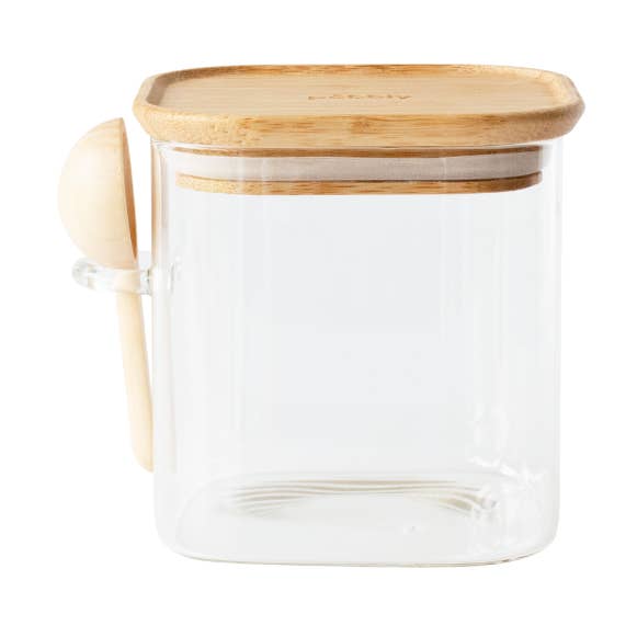 Contenitore Quadrato in Vetro con Cucchiaio Dosatore per la vendita all'ingrosso da parte di Pebbly International