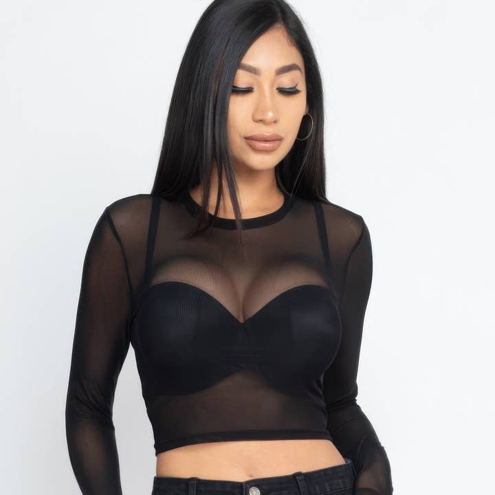 Sexy Sheer Mesh Long Sleeve Crop Top and other Purchase Wholesale daring. Free Returns & Net 60 Terms on Faire trending on Faire.