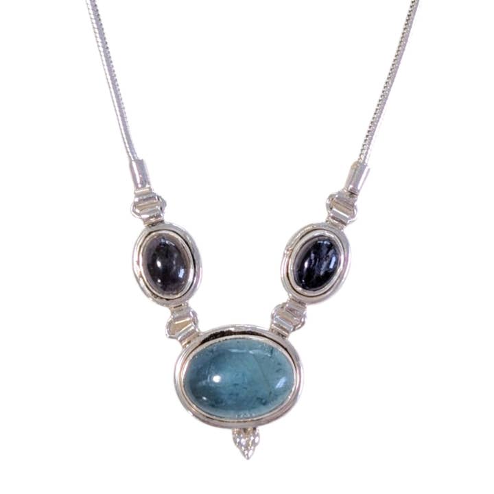 SALE 3-Stone Apatite & Iolite Sterling Snake Chain Necklace for wholesale by Saraswati Imports