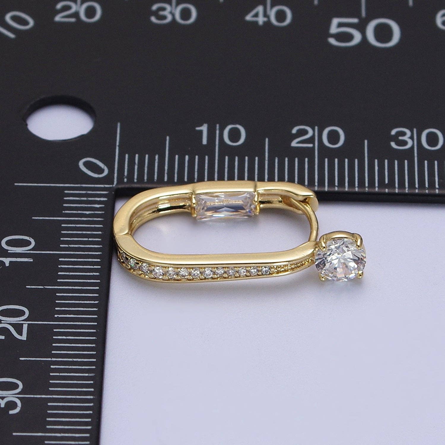 Aim Eternal - Wholesale Huggie Earrings - 14K Gold Filled Micro Paved Round Baguette CZ Two Sided Oblong Huggie Earrings | V0212