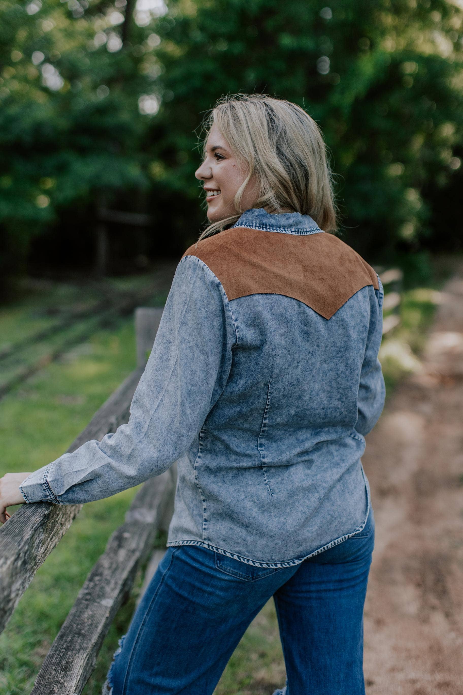 MK778 Denim Pearl Snap Button Up Shirt for wholesale on Faire3