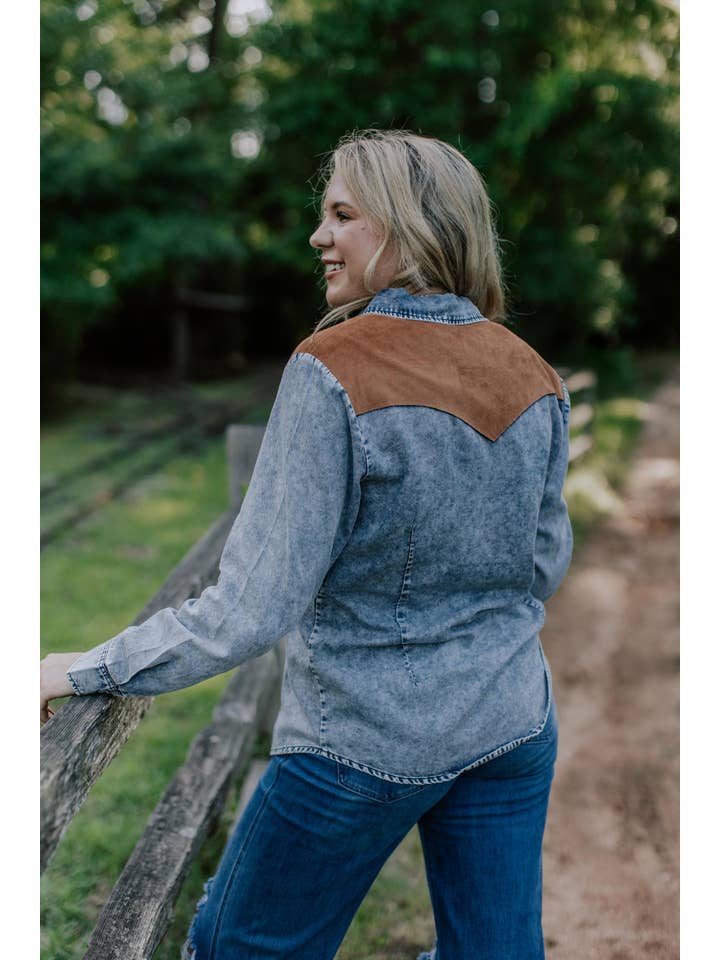 Denim MK778 Denim Pearl Snap Knap Op Skjorte for engroshandel på Faire3