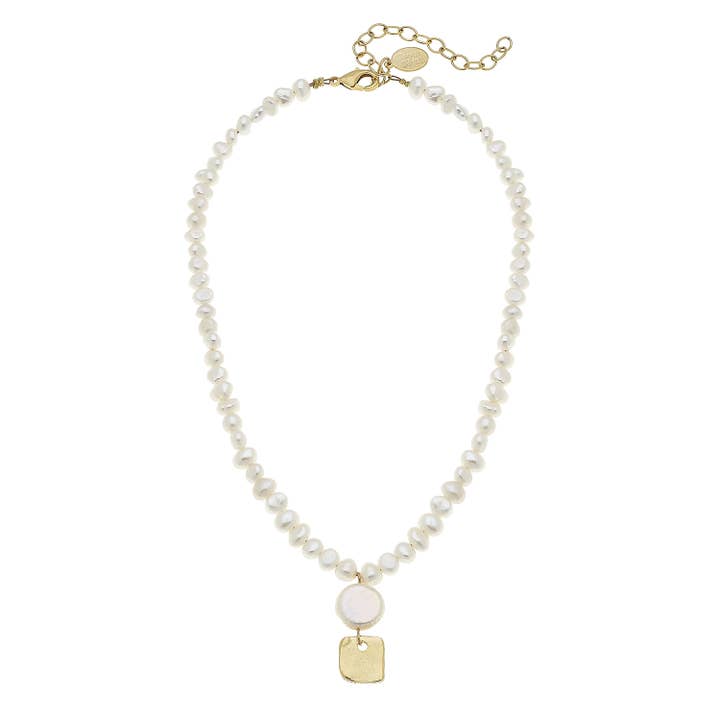 Dainty Gold Square + Coin Pearl Necklace for wholesale by Susan Shaw
