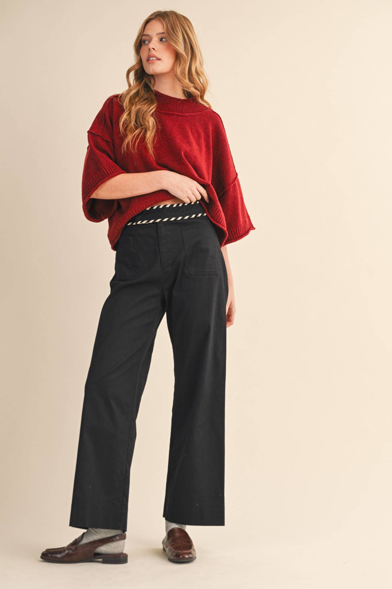 &MERCI - Wholesale Pants - Women's - HIGH WAIST WIDE LEG PANTS WITH WHIP STITCH TRIM MP42185
