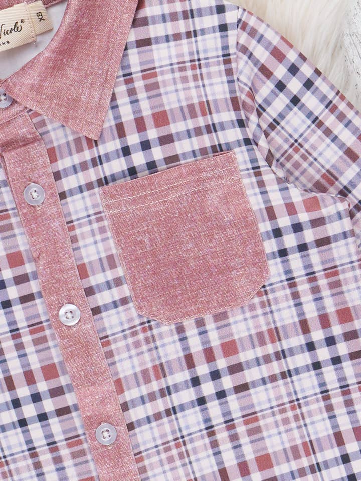 Marie Nicole Clothing - Wholesale Button Down Shirt - Kids - Pocket Button Up Plaid Shirt- Tan1