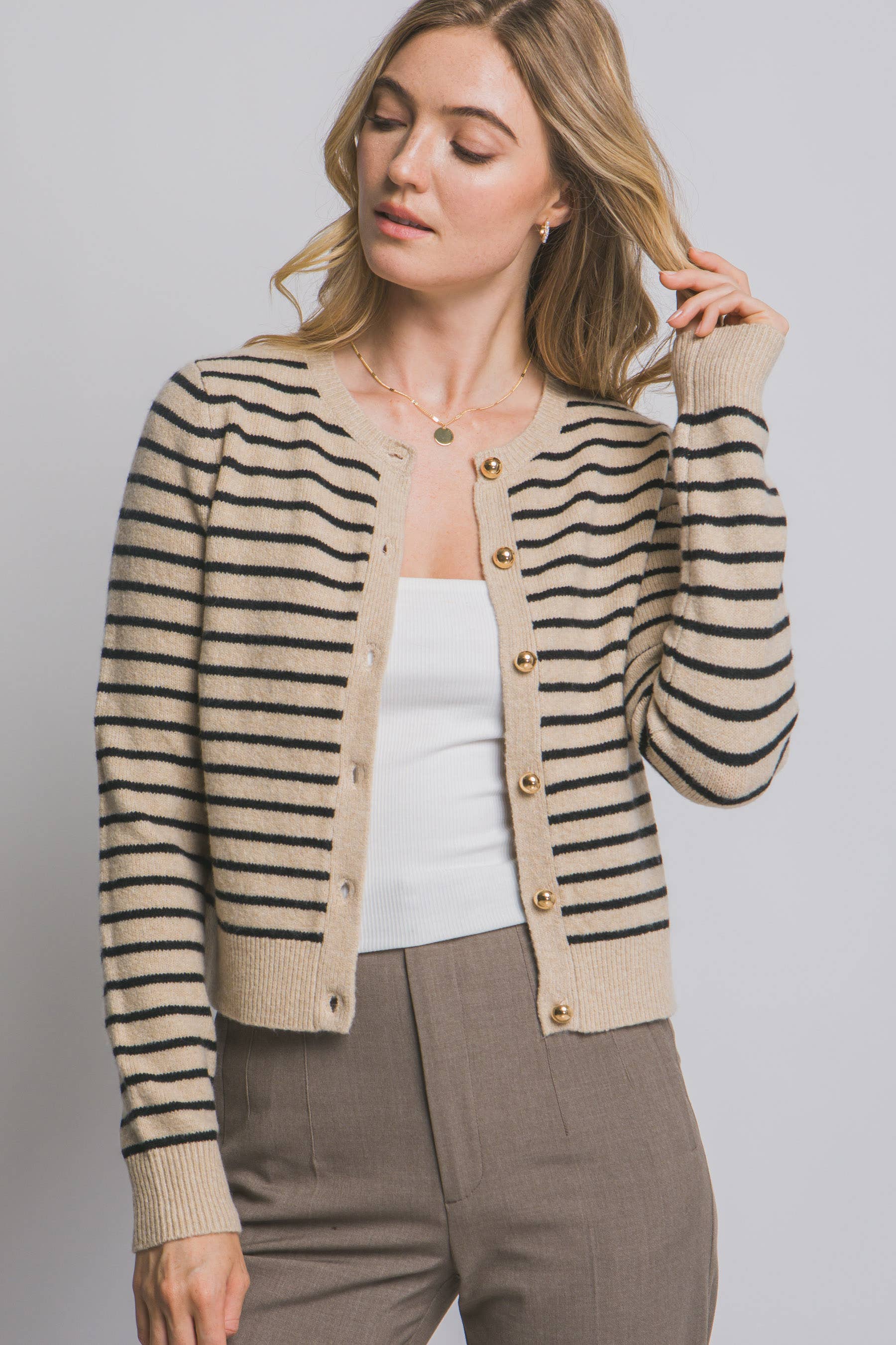 42POPS – Cardigan - Mulher por atacado – Cardigan com Botões Dourados e Gola Redonda às Riscas SI-285933