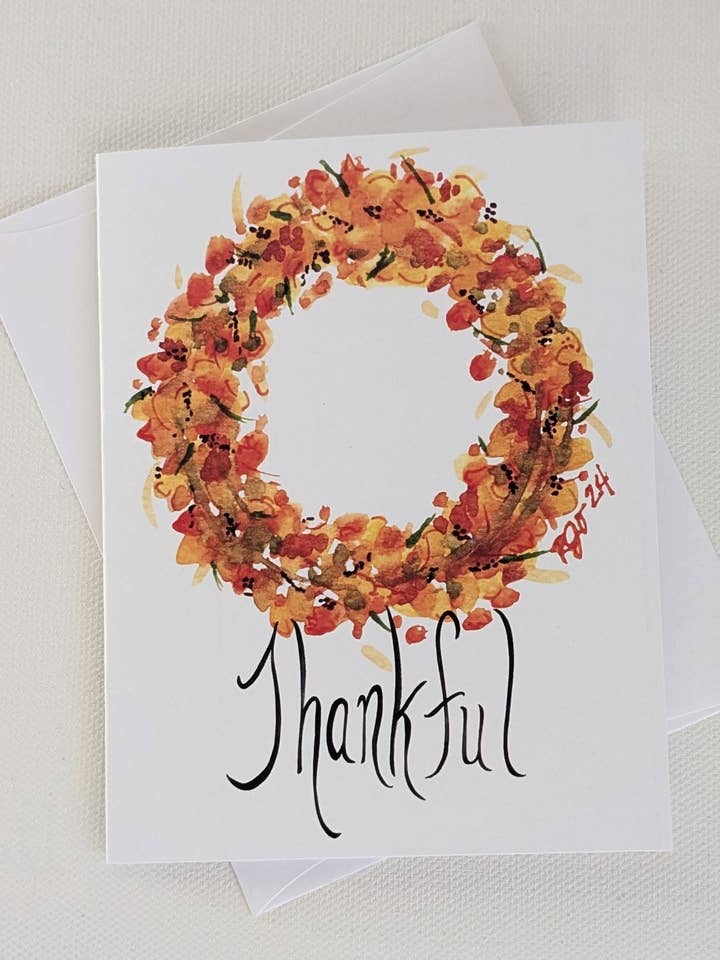 Thankful Fall Wreath Greeting Card for wholesale by Robynnotes, LLC