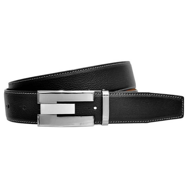 Tan OHM New York Grained Soft Leather Perimeter Stitched Handmade Reversible Belts Tan/Black for wholesale on Faire