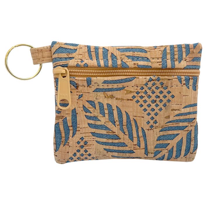 Cork Zipper Pouch with Key Ring | Denim Palm Die Cut Cork for wholesale by Natalie Therese