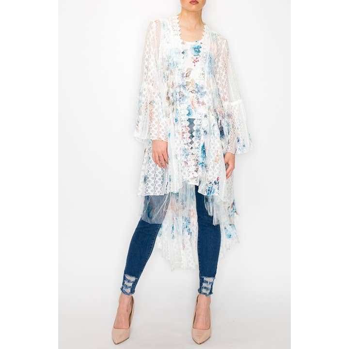 BOHEMISK HELSPETSLÅNG KOFTA MED HÖG-LÅG DESIGN-4508 IVORY/TEAL FL för wholesale av Origami Apparel ~ Lace and Crochet inspired