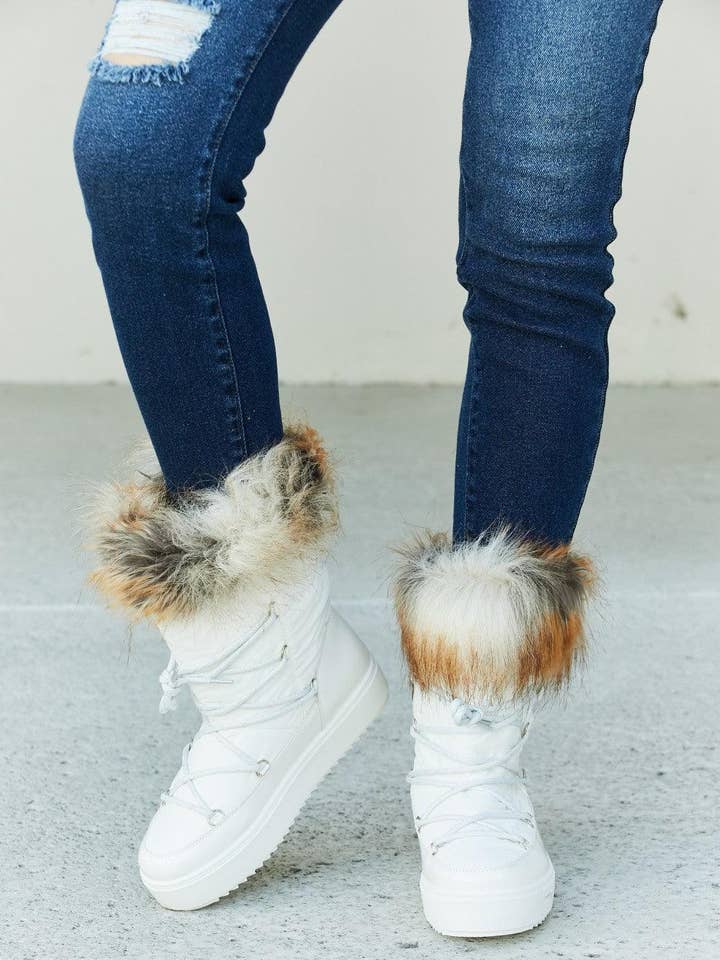 Lace-Up Faux Fur Platform Snow Boots in White for wholesale by Lecatta Fashion