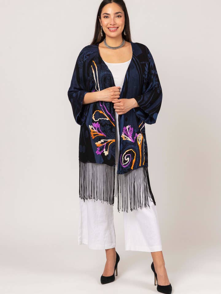 Violet Fringes & Embroidered Cover-Up. NP23083 for wholesale by Windhorse Trading Inc