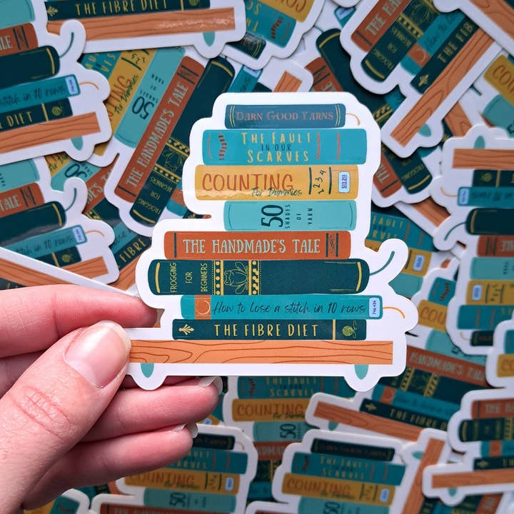 Crochet Bookstack Sticker | Bookish knitting crochet hobby for wholesale by The Pigeon's Nest