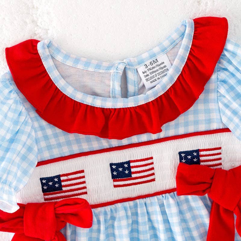 Auraquise - Wholesale Clothing Set - Baby - Baby Girls July 4th Flag Smocked Blue Plaid Romper Set3