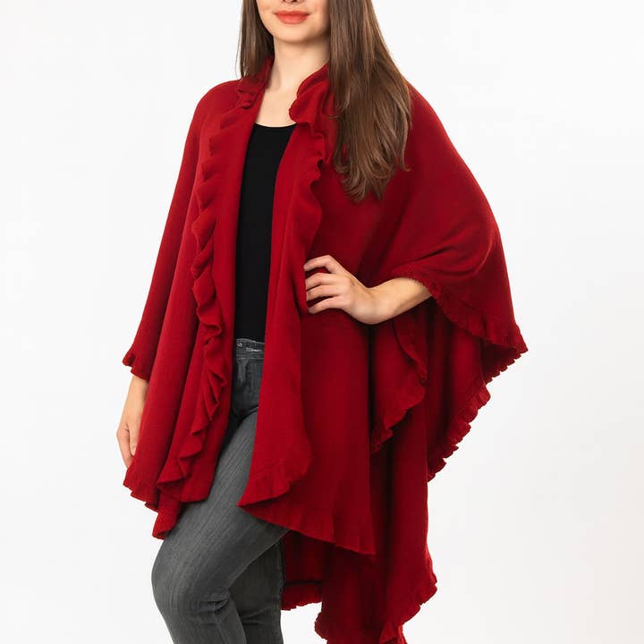 Crimson Red Ruffle Trim Knit Open Front Warm Poncho Cape for wholesale by Fennco Styles