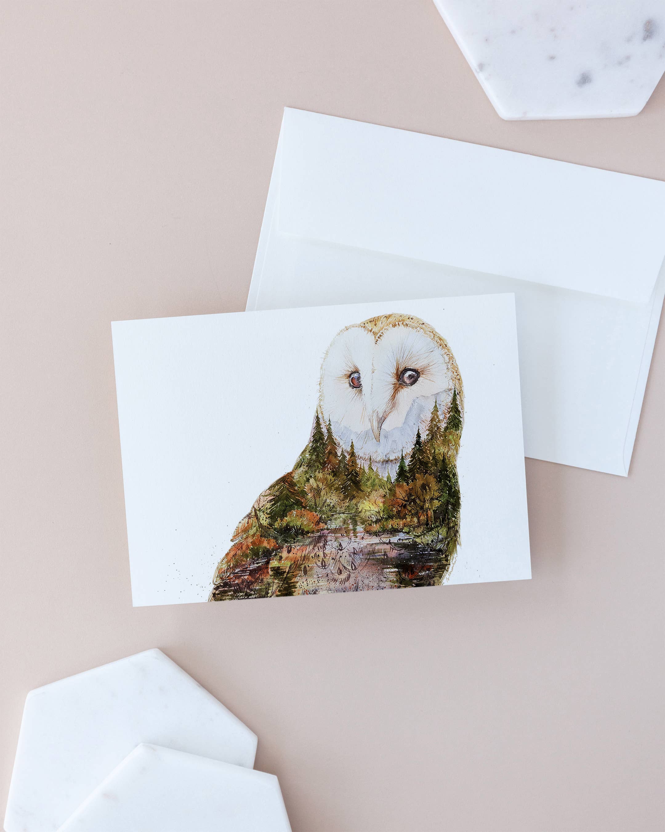 Elena Markelova Arts - Wholesale Everyday Greeting Card - Soul Light - Barn Owl Fall Forest Watercolor Art Card1