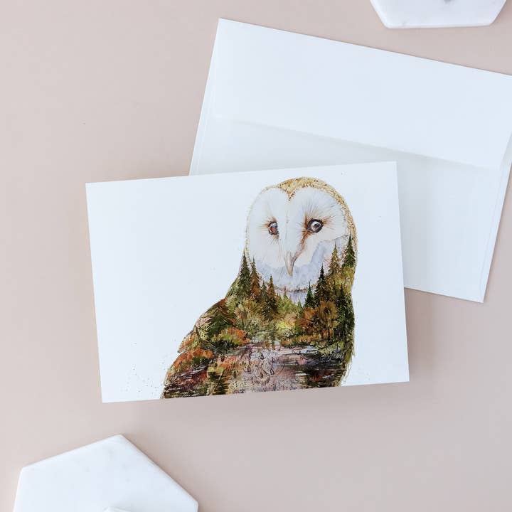 Elena Markelova Arts - Wholesale Everyday Greeting Card - Soul Light - Barn Owl Fall Forest Watercolor Art Card1
