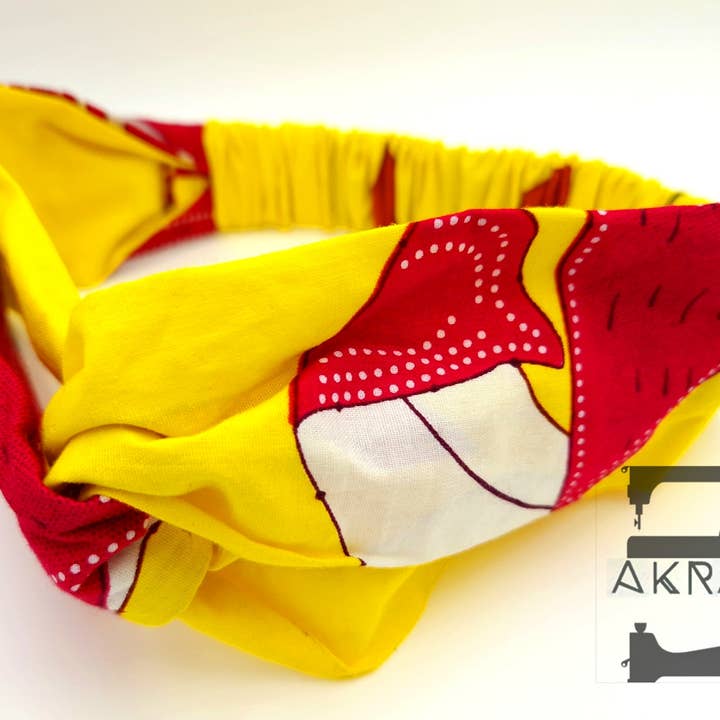 Blue, yellow and white geometric print half turban headband for wholesale by Akrasiboutique