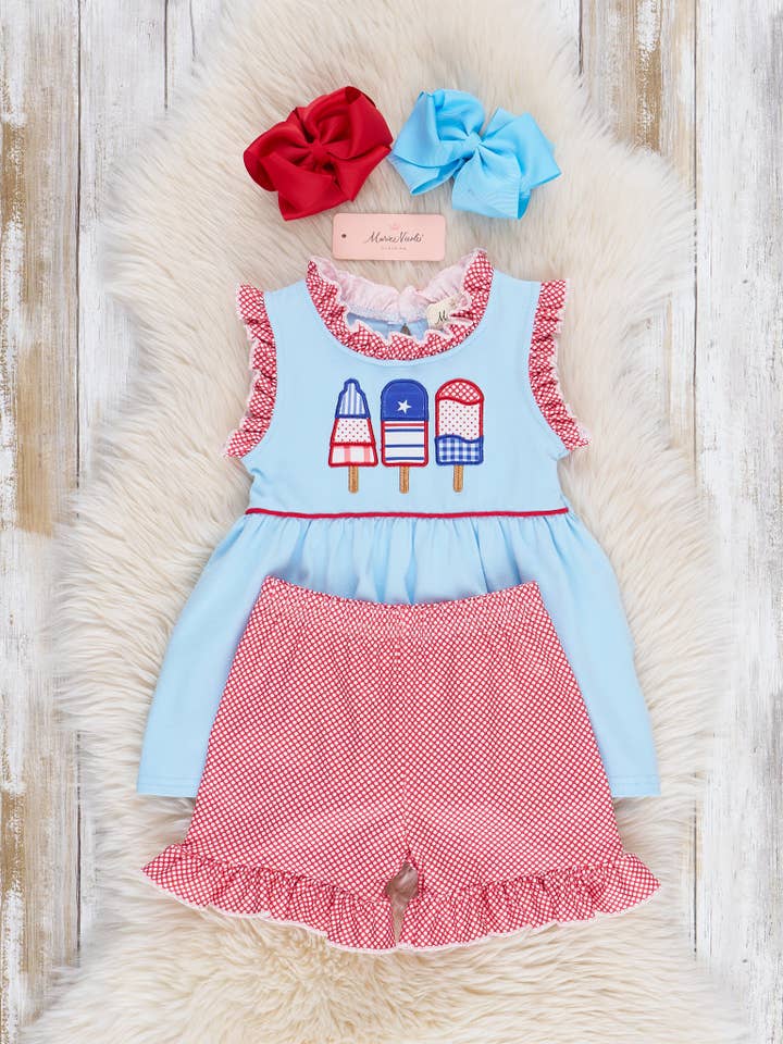 Marie Nicole Clothing - Wholesale Top & Short Set - Kids - Red, White, & Blue Ruffle Popsicle Outfit