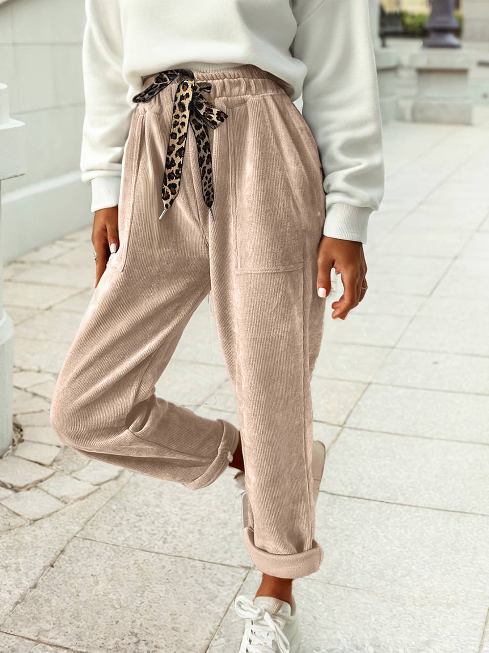 Gray Morn Corduroy Leopard Drawstring High Waist Trousers for wholesale on Faire
