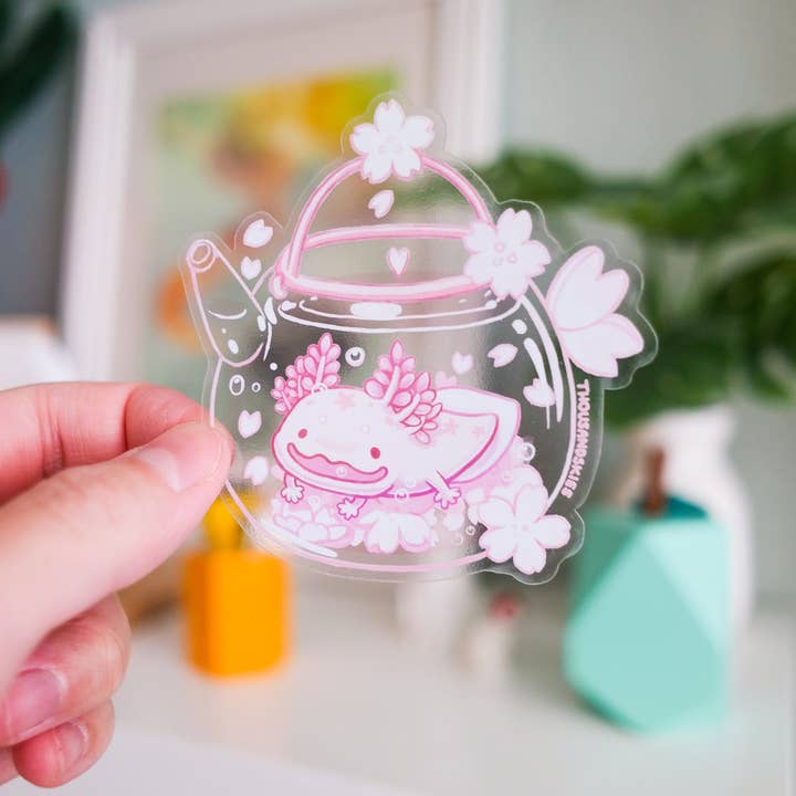 Thousand Skies - Wholesale Sticker - Vinyl Sticker (Transparent) Cherry Blossom Axolotl Tea