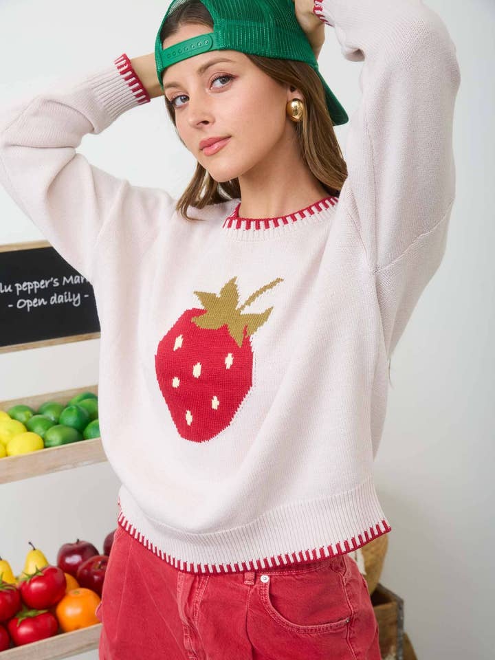 Jordbærmotiv kontrastsøm striktrøje for engroshandel hos MINE