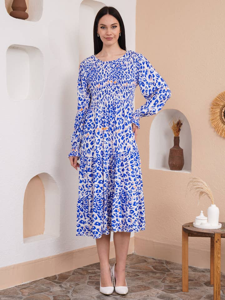 Relaxed Fit Round Neck Long Sleeves Leopard Printed Shirred Detailed Dress in Blue for wholesale by Hoxton Gal