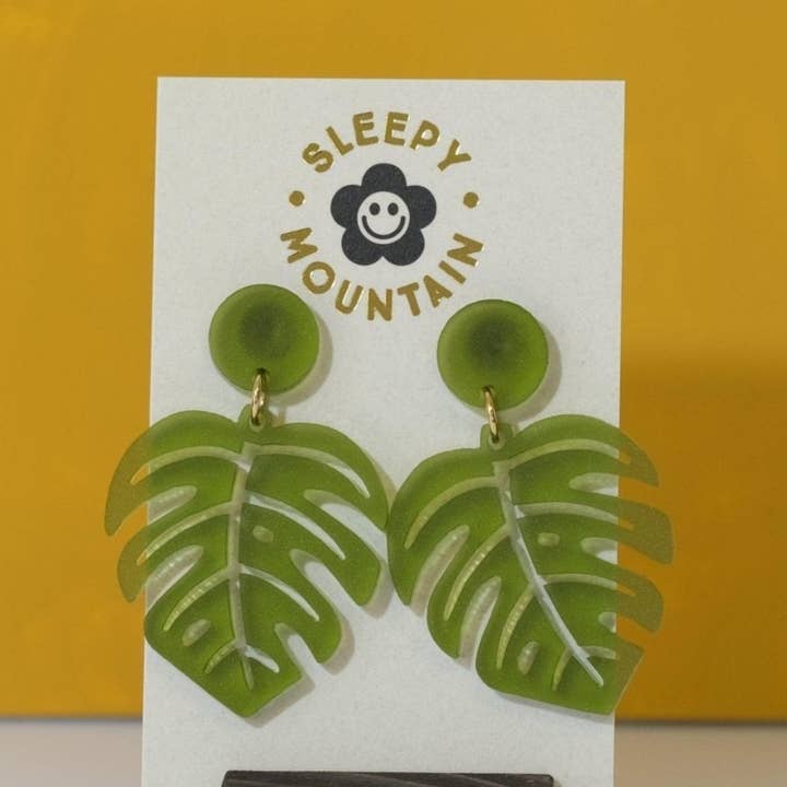 Monstera Leaf Dangle Earrings Olive Green for wholesale by Sleepy Mountain
