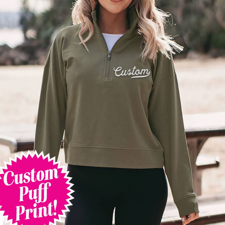 CUSTOM Women's Perform Fit Puff Print Quarter Zip Sweatshirt for wholesale by Nobullwoman Apparel