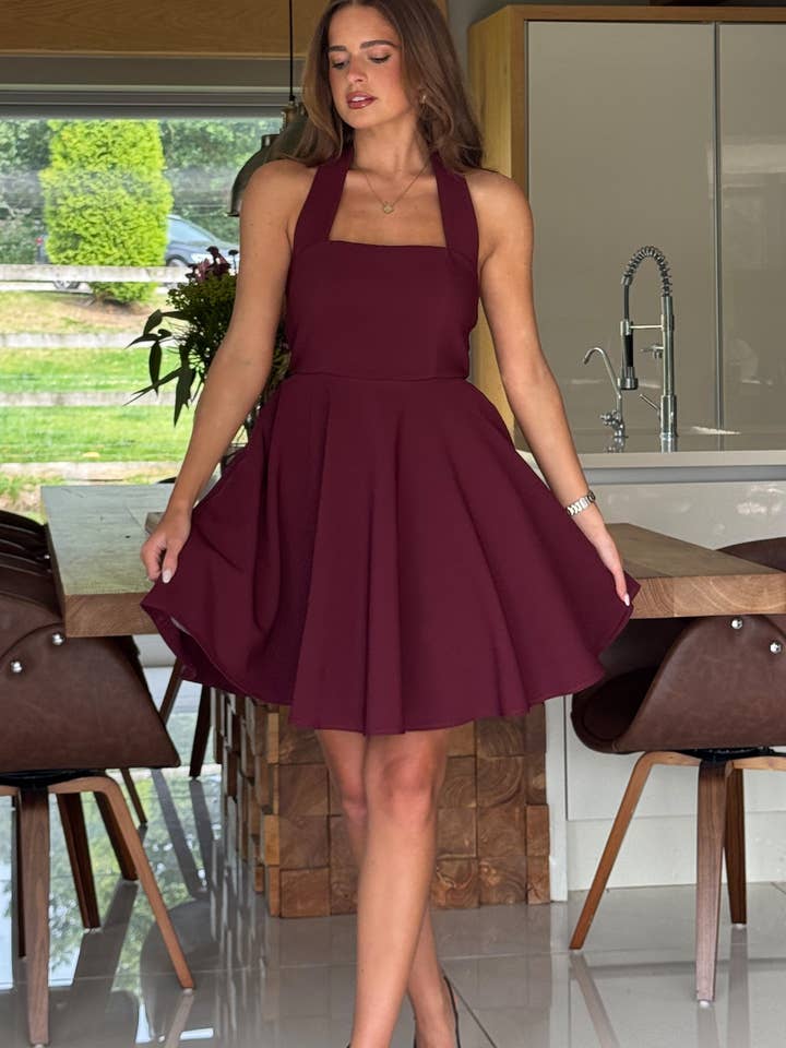 Pandora Halter Neck Mini Skater Dress Berry for wholesale by Girl in mind