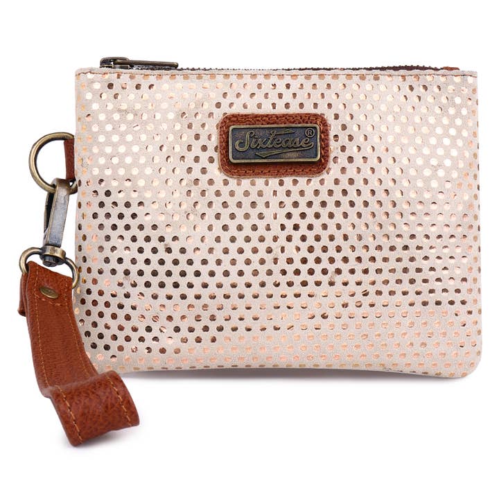 Lederen suède damespolsband - roségoudbruine polkadot voor wholesale door Sixtease Bags USA