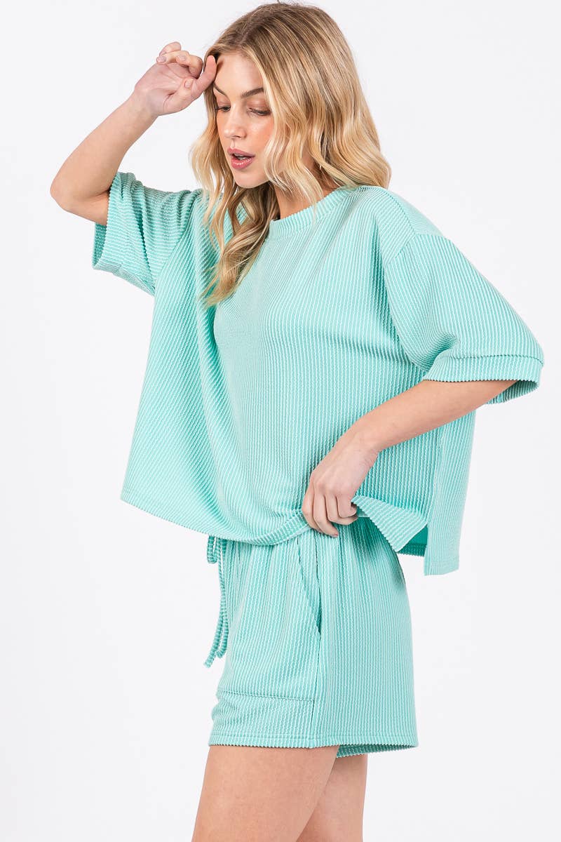 Sewn and Seen - Wholesale Lounge Set - Women's - RIBBED ROUND NECK TOP AND SHORTS SET12