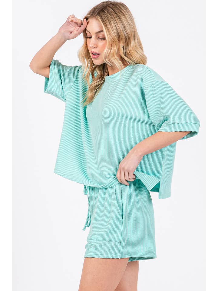 Sewn and Seen - Wholesale Lounge Set - Women's - RIBBED ROUND NECK TOP AND SHORTS SET12