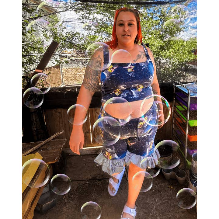 Space Sponge Crop Top & Ruffle Shorts Set – Handmade from Upcycled Pajamas for wholesale by The Modern Alien