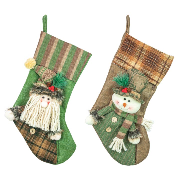 Christmas Frontier Santa Snowman Stocking - 2 Assortment for wholesale by Hanna's Handiworks