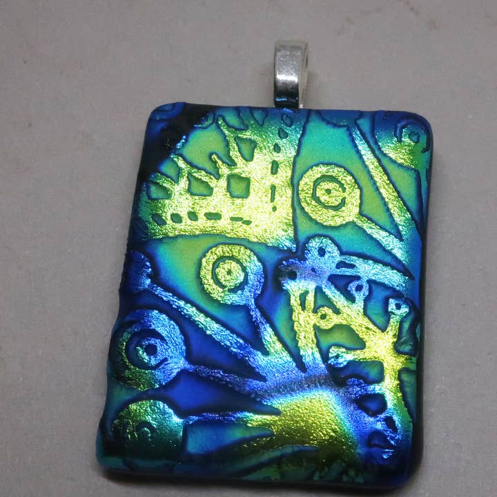 Large Blue Green Floral Textured dichroic glass pendant for wholesale by McCray Studios