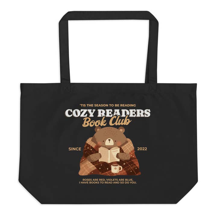 Grand sac fourre-tout en sergé de coton biologique du club de lecture Cozy Readers pour la vente par The Bean Workshop
