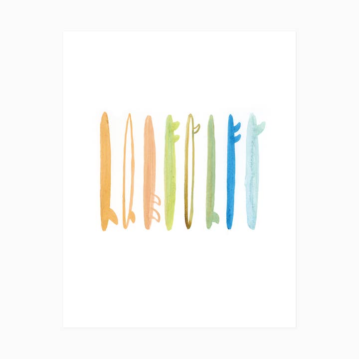 Wyatt Watercolor Surfboards Coastal Art Print for wholesale by Evergreen Summer