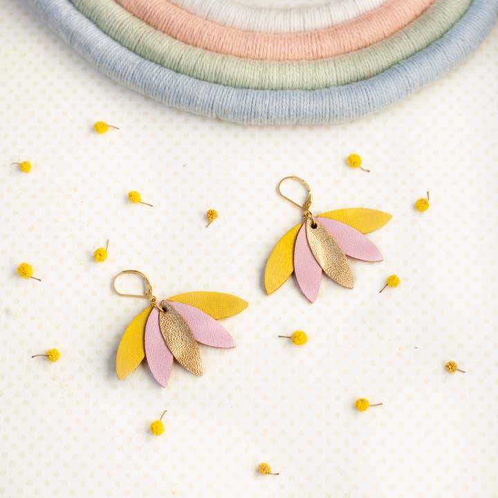 Palm Leaves Earrings – Gold, Pink, Yellow Leather for wholesale by Chenoha Studio