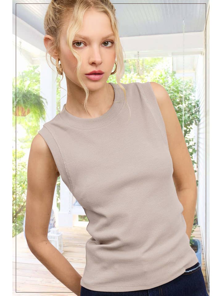 La Miel - Wholesale Tank Top - Women's - HUT7340-Stretchy Basic Ribbed Sleeveless Crew Neck Top22