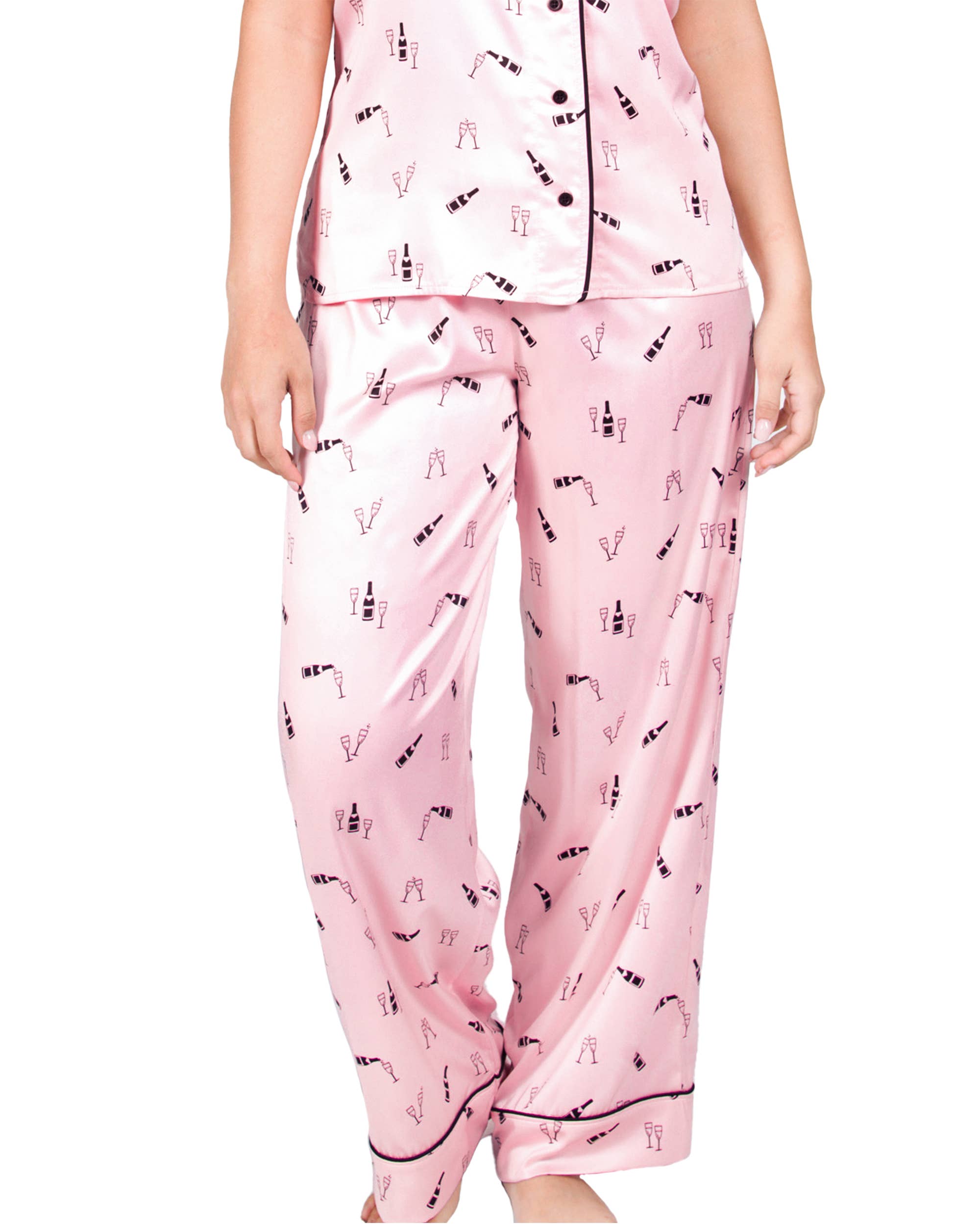 Amanda Blu - Wholesale Sleepwear Bottom - Women's - Champagne Bottles Silky Satin Pajama Pants | Pink PJ Bottoms0